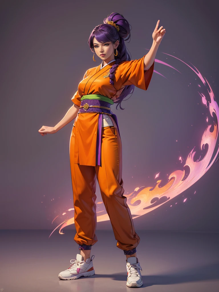 ((best quality)), ((4k)), ((highres)), ((masterpiece:1.2)). ((detailed)), ((ultra realistic)), ((intricate details)), ((full body picture)), ((character design sheet)), ((blank background)), ((standing in a blank background)), a full body shot of a beautiful martial arts korean goddess, martial arts korean goddess, martial arts goddess, fantasy female fighter, fighting game character, full body concept art, character design, gorgeous female matial artist, she's dressed in a purple, green and orange outfit, ((purple, green and orange outfit)), ((multi-colored outfit)), her outfit is a mixture of tradicional korean garments with jeans pants and sneakers