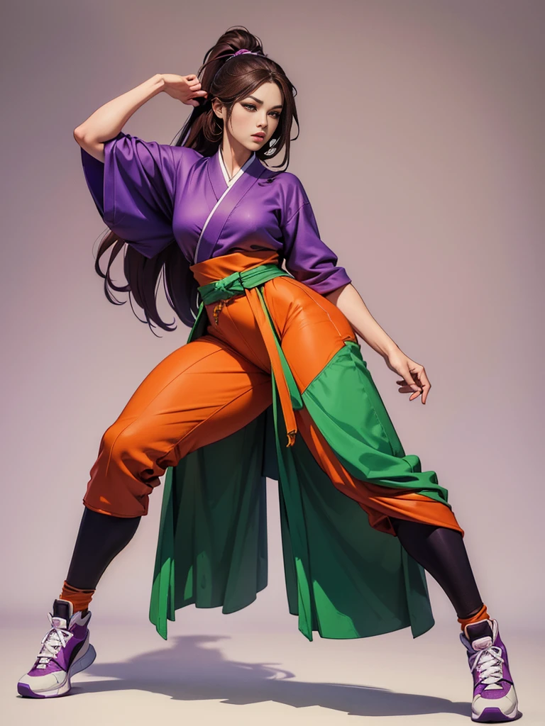 ((best quality)), ((4k)), ((highres)), ((masterpiece:1.2)). ((detailed)), ((ultra realistic)), ((intricate details)), ((full body picture)), ((character design sheet)), ((blank background)), ((standing in a blank background)), a full body shot of a beautiful martial arts korean goddess, martial arts korean goddess, martial arts goddess, fantasy female fighter, fighting game character, full body concept art, character design, gorgeous female matial artist, she's dressed in a purple, green and orange outfit, ((purple, green and orange outfit)), ((multi-colored outfit)), her outfit is a mixture of tradicional korean garments with jeans pants and sneakers