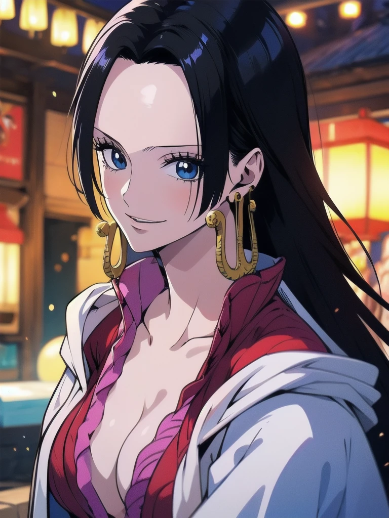 Masterpiece, Boa Hancock from One Piece, detailed face, beautiful blue eyes, small smile, wears earrings; big breasts, cleavage, loose and stylized hair, long beautiful hair, wears Boa Hancock earrings, (wears a red dress), (wears a white cape), has cleavage, bare abdomen, battle pose. The art style should resemble a captivating anime style. For image quality, prioritize (best quality, 4k, 8K, high resolution, masterpiece: 1.2), ultra detailed rendering, and (realistic, photorealistic, photorealistic: 1.37). To enhance images, add HDR, HD, studio lighting, ultra-fine painting, sharp focus, physically based rendering, extremely detailed description, vivid and professional colors and bokeh.