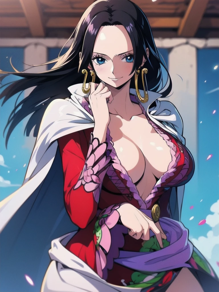 Masterpiece, Boa Hancock from One Piece, detailed face, beautiful blue eyes, small smile, wears earrings; big breasts, cleavage, loose and stylized hair, long beautiful hair, wears Boa Hancock earrings, (wears a red dress), (wears a white cape), has cleavage, bare abdomen, battle pose. The art style should resemble a captivating anime style. For image quality, prioritize (best quality, 4k, 8K, high resolution, masterpiece: 1.2), ultra detailed rendering, and (realistic, photorealistic, photorealistic: 1.37). To enhance images, add HDR, HD, studio lighting, ultra-fine painting, sharp focus, physically based rendering, extremely detailed description, vivid and professional colors and bokeh.