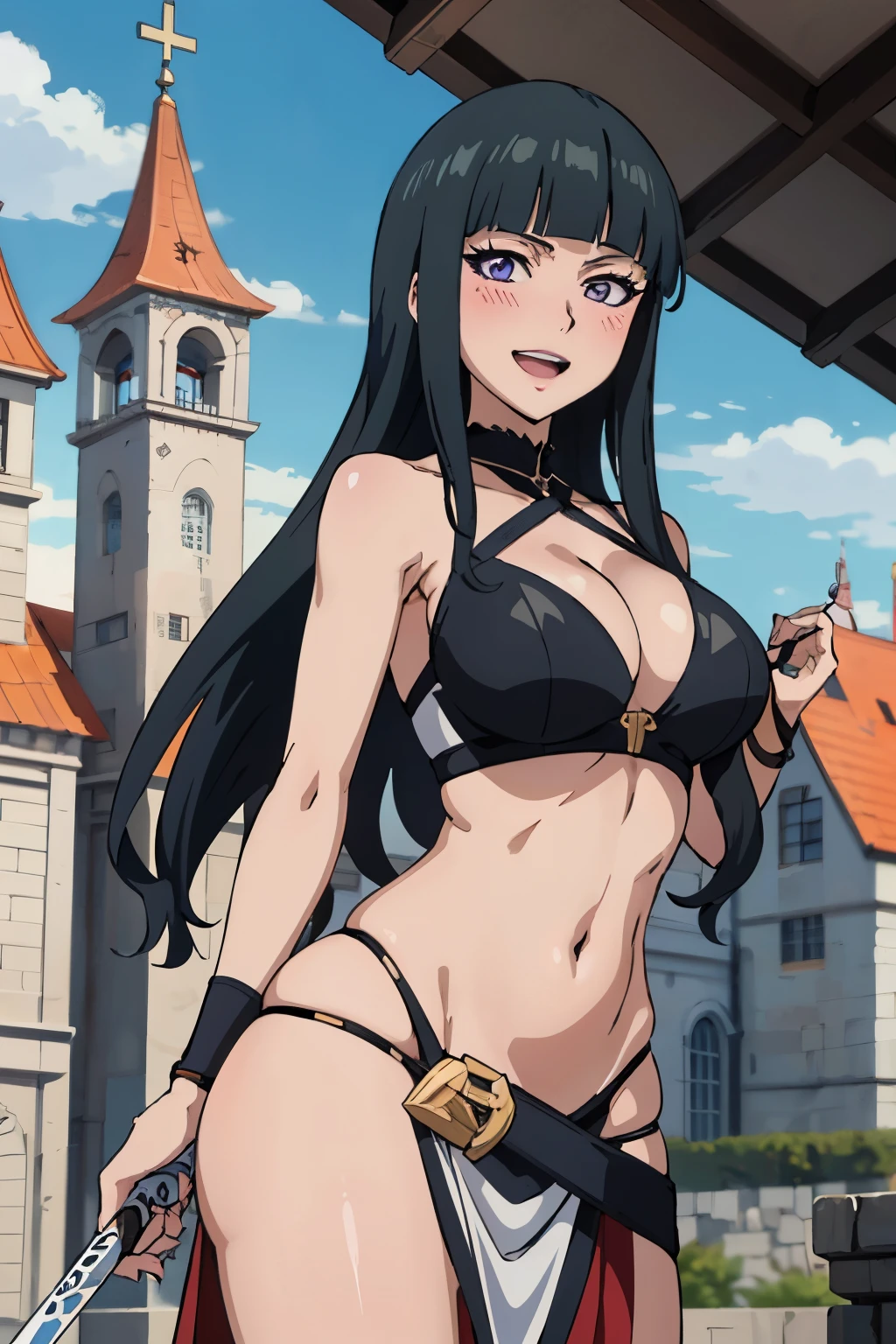 cyan_sung-sun, 1girl, solo, long black hair, purple eyes , large breasts, blush, lipstick, long hair, crazy eyes , masterpiece, best quality, highly detailed, fantasy , a anime girls in armored dress holding a sword
posing for a picture, evil smile, smile, open mouth, breastplate with open cleavage, cleavage, warrior
outfit, ecchi anime style, anime girls, ecchi style, ecchi, digital anime art!!, in
anime style, official artwork, visual novel cg, beautiful anime girl, anime style 4 k , loincloth, exposed
belly, exposed navel, exposed midriff, exposed lower belly, pencil skirt armored, castle,inside castle