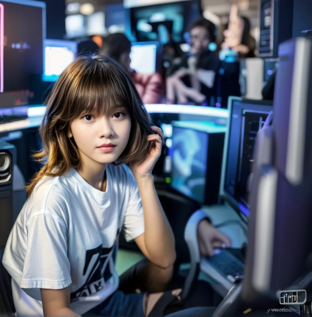 12 years old korean female(lifelike, high - resolution:1.3), 1 girl with a perfect body, Super fine face and eyes,hair wavy bob, only wearing oversize t-shirt, Sitting in front of the computer, gaming chair, white table, monitor 27inc, The white-walled, open-windowed view with tall buildings in the background, uhd