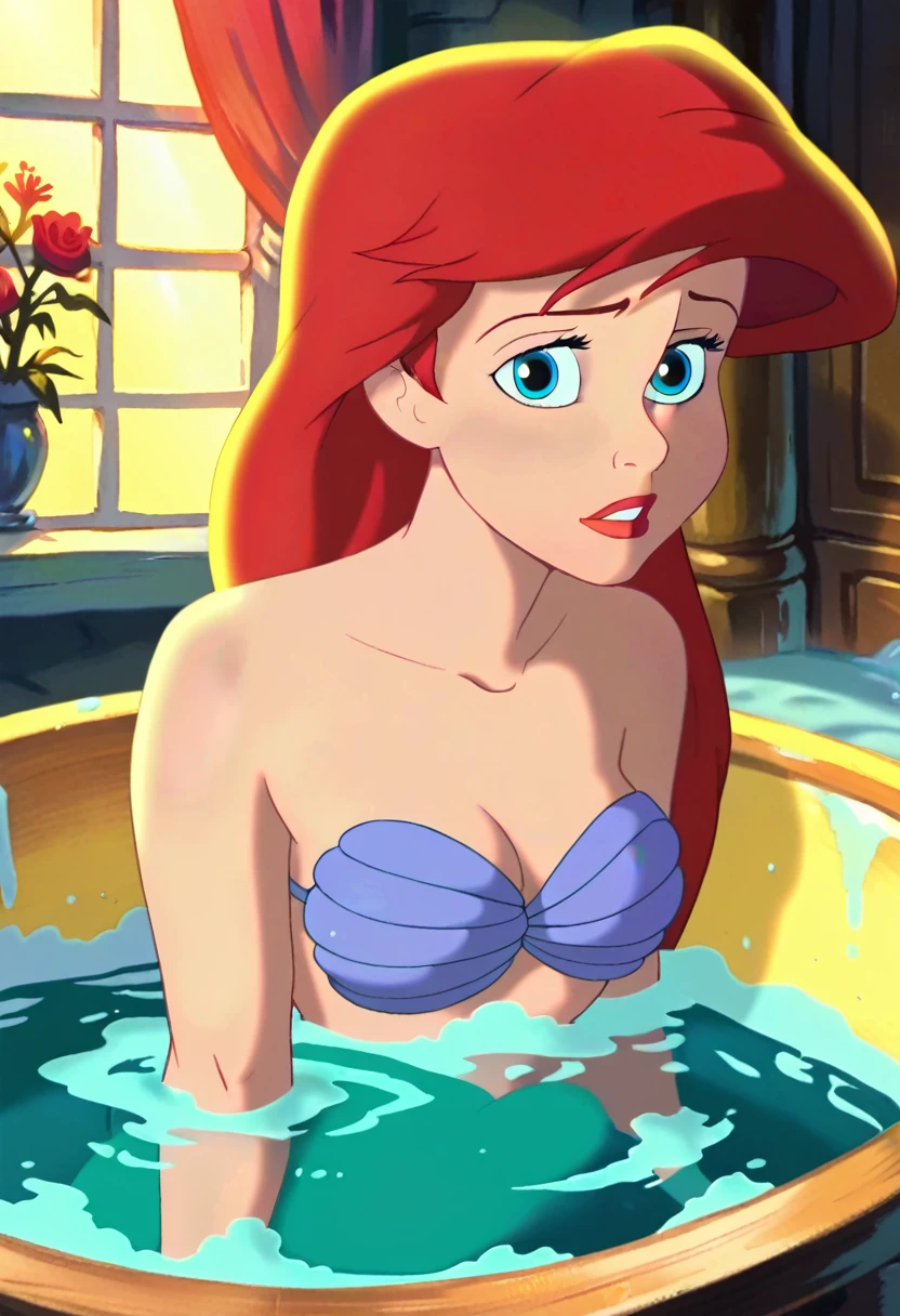 score_9, score_8_up, score_8, parody, volumetric lighting,
ariel, 1girl, solo, looking at viewer, in bath tub, shell bikini,
