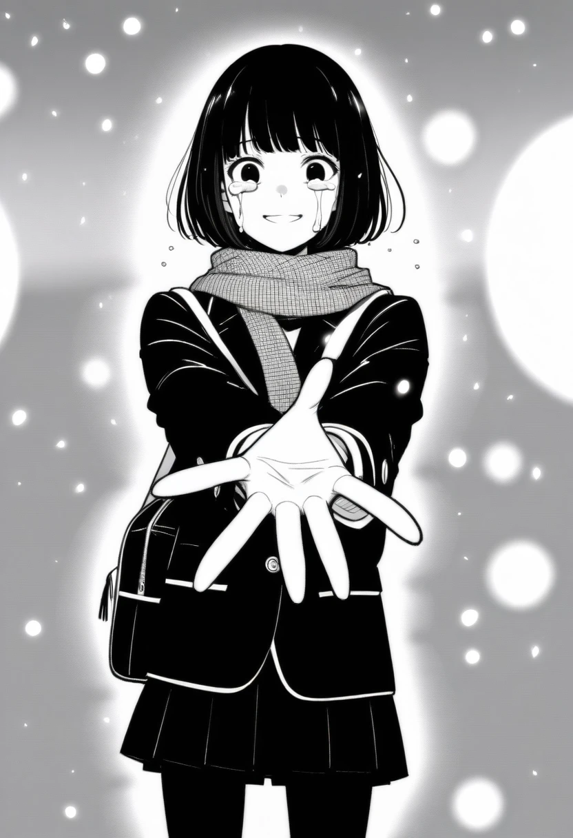 masterpiece, best quality, 1girl, mamerakkkkko, grayscale, manga style, japanese, chi no wadachi, black eyes, street, iced, black hair, schoolbag, smile, lineart, black coat, black scarf, black pleated skirt, leggins, centered, 18 years old, tall, fair skinned, bokeh background, crying, tears, tears streaming, bob cut, light particles, centered, snowing, (((reaching  one hand toward viewer, reaching out one hands towards the viewer)))
