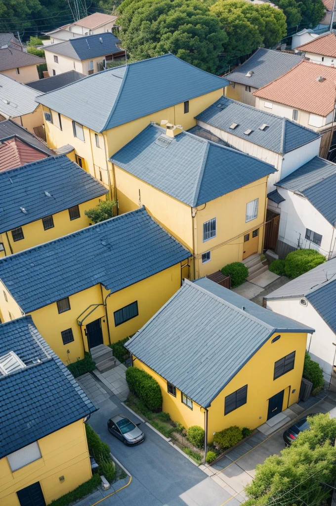 Yellow house. not anime style.with other houses next door