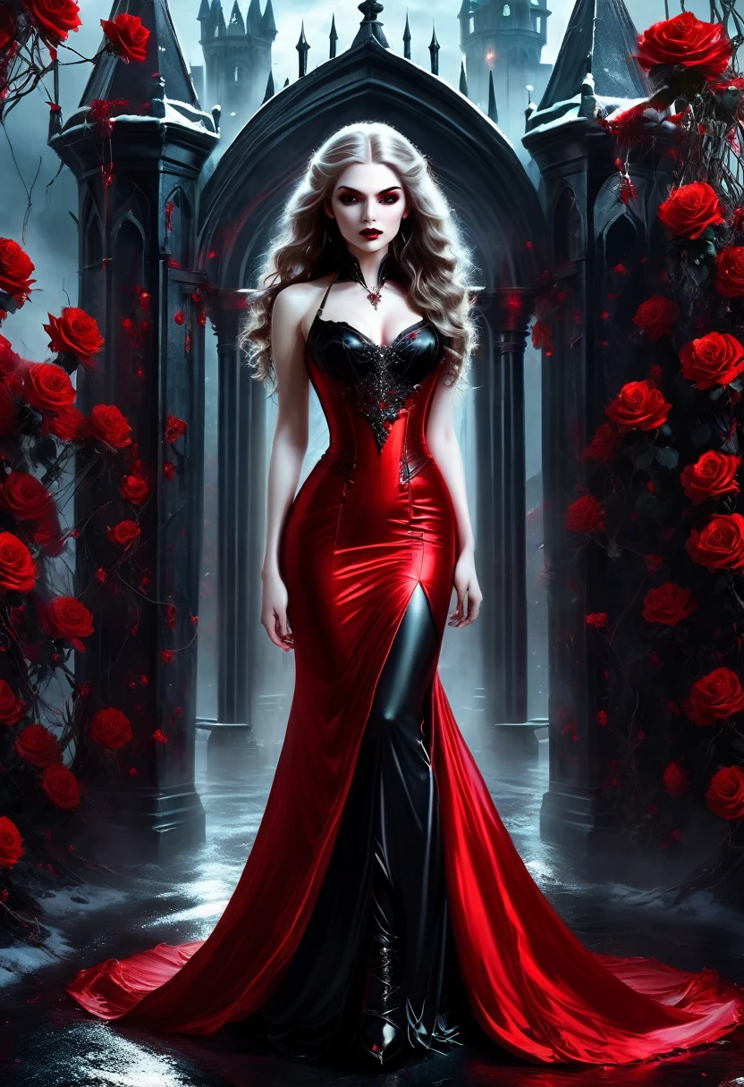 Dark fantasy art, fantasy art, goth art, a picture of a female vampire, exquisite beauty, full body shot, dark glamour shot, pale white skin, dark blond hair, long hair, wavy hair, (icy grey: 1.3) eyes, she wears a (red: 1.3) dress, ArmoredDress, entwined with (black: 1.3) roses betmd, high heells, dark castle porchm, RagingNebula