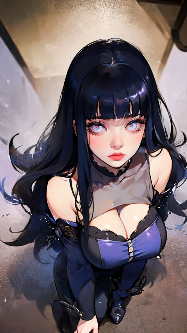 1girl, close up of face, adult, Hinata Hyuga, the last, shy girl, long black hair, blunt bangs, dark hair, Voluminous hair, lavender eyes, no pupils, Lavender Sleeveless Blouse, long black boots, navy blue shorts, Black translucent stockings, holster, bandage on thigh, open sandals, big breasts, wide hips, shapely legs, slim waist, masterpiece, best quality, Professional, realistic.