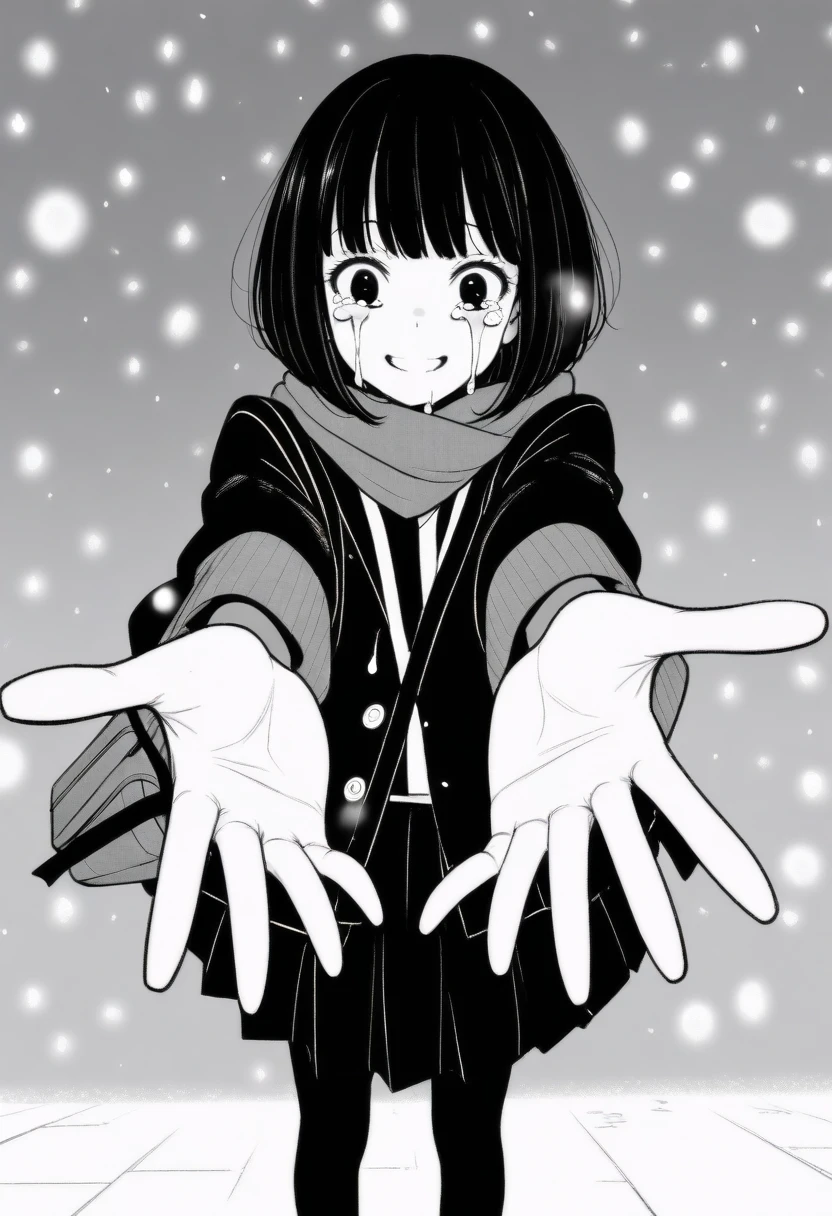 masterpiece, best quality, 1girl, mamerakkkkko, grayscale, manga style, japanese, chi no wadachi, black eyes, street, iced, black hair, schoolbag, smile, lineart, black coat, black scarf, black pleated skirt, leggins, centered, 18 years old, tall, fair skinned, bokeh background, crying, tears, tears streaming, bob cut, light particles, snowing, (((reaching one hand toward viewer, reaching out one hands towards the viewer)))