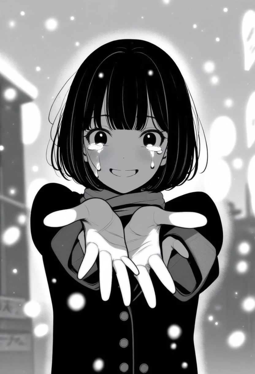 masterpiece, best quality, 1girl, mamerakkkkko, grayscale, manga style, japanese, chi no wadachi, black eyes, street, iced, black hair, schoolbag, smile, lineart, black coat, black scarf, black pleated skirt, leggins, centered, 18 years old, tall, fair skinned, bokeh background, crying, tears, tears streaming, bob cut, light particles, snowing, (((reaching one hand toward viewer, reaching out one hands towards the viewer)))