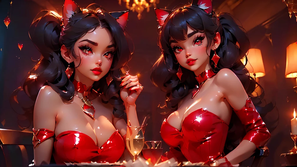 ((point of view)), ((junkotvv)) ((cat ears)), ((in love, she is in love, she loves the viewer))((romantic dinner date, champagne, Canddles)) ((tall and sexy russian supermodel)) ((beautiful face)) ((wide and happy smile)) ((bright red lipstick)) ((very dark eyeshadow makeup)) ((Big bright red eyes)) ((very long and messy black hair, fringe)) (()) ((very big chest:1.5)) ((perfect slim body torso1.3)) ((she is wearing a red strapless sequin dress)) ((red choker, earrings, red stockings)) (())((Inside the dark room sit on a chair having a romantic dinner, many Canddles around))(high resolution, DYNAMIC SHADOWS)((photorealistic:1.5)) ((Masterpiece:1.3)) (8k) (Perfect face) ((Best Quality:1.4)) (Perfect hands and eyes)