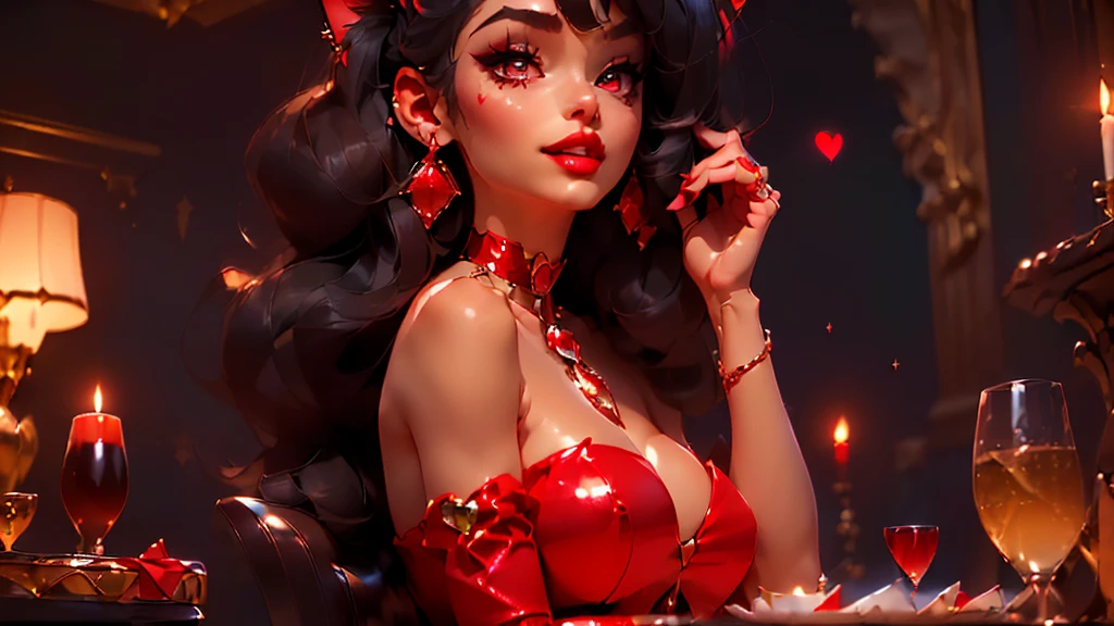 ((point of view)), ((junkotvv)) ((cat ears)), ((in love, she is in love, she loves the viewer))((romantic dinner date, champagne, Canddles)) ((tall and sexy russian supermodel)) ((beautiful face)) ((wide and happy smile)) ((bright red lipstick)) ((very dark eyeshadow makeup)) ((Big bright red eyes)) ((very long and messy black hair, fringe)) (()) ((very big chest:1.5)) ((perfect slim body torso1.3)) ((she is wearing a red strapless sequin dress)) ((red choker, earrings, red stockings)) (())((Inside the dark room sit on a chair having a romantic dinner, many Canddles around))(high resolution, DYNAMIC SHADOWS)((photorealistic:1.5)) ((Masterpiece:1.3)) (8k) (Perfect face) ((Best Quality:1.4)) (Perfect hands and eyes)