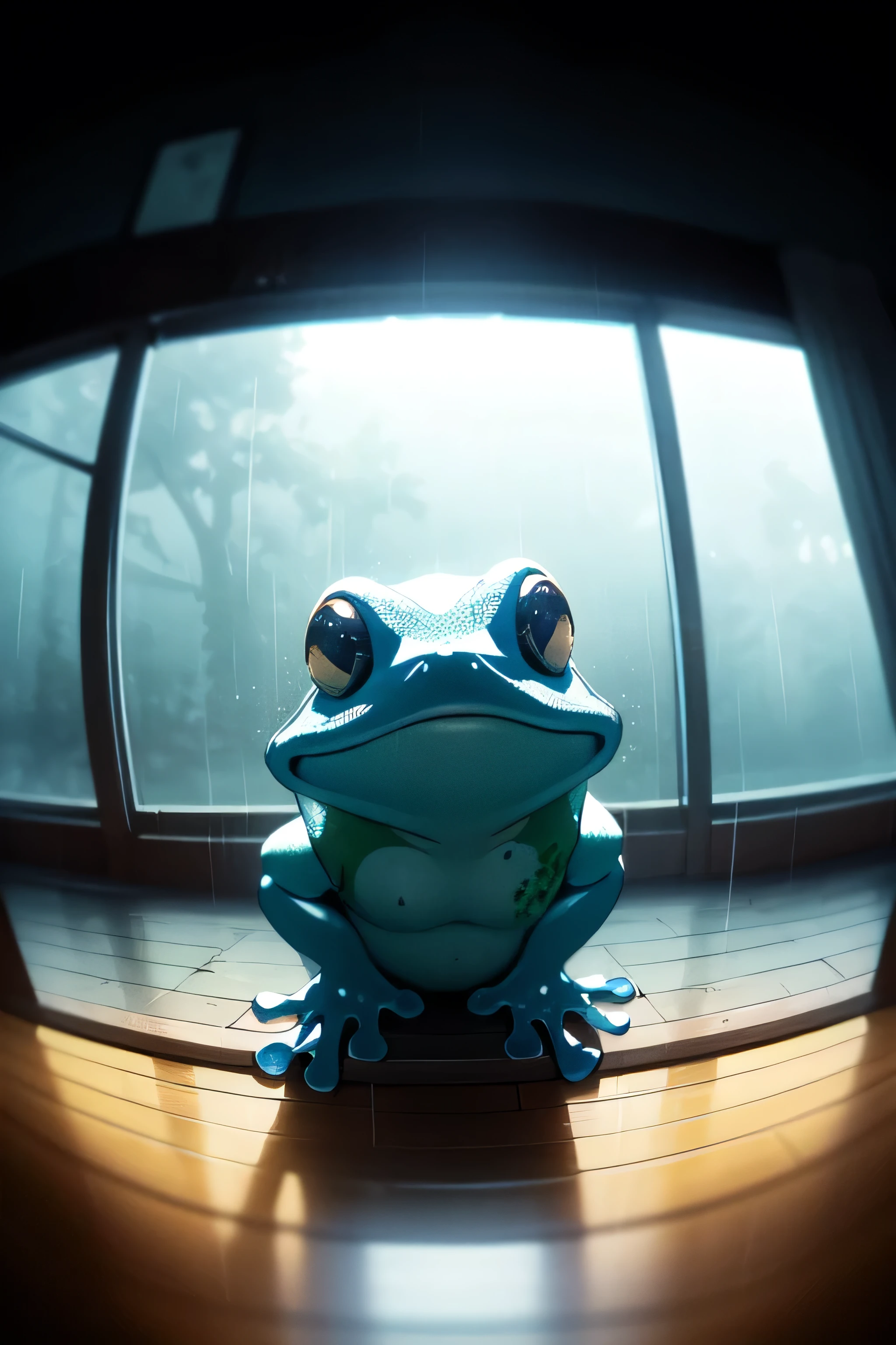 (masterpiece, best quality:1.2), extremely detailed, intricate details,blue color, finely detailed, soft lighting, volumetric lighting, (fisheye), no humans, frog, rain,