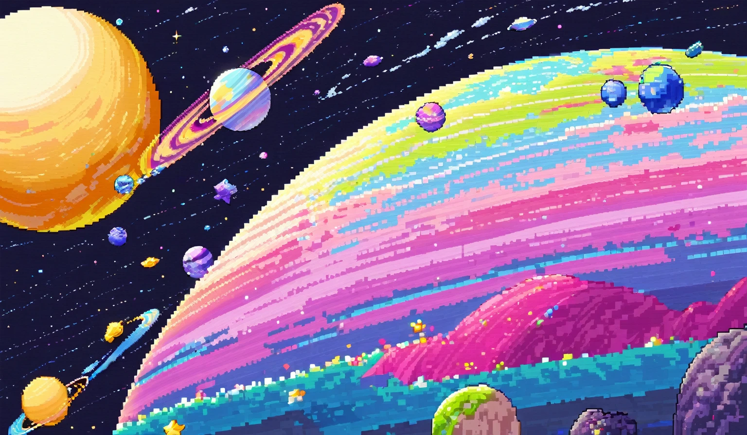kawaii, pixel art, one beautiful swirling planet with rings, space, colorful, pastel colors,