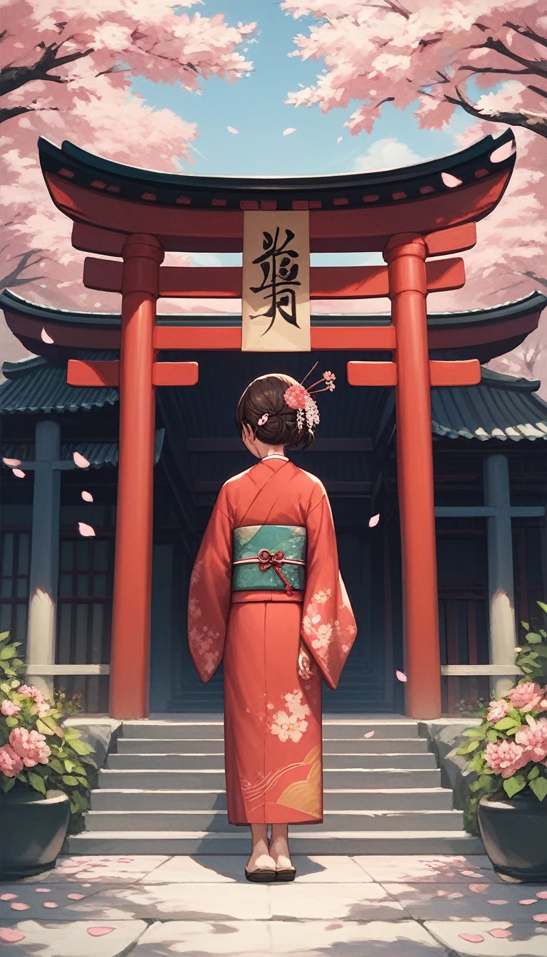 masterpiece, high quality, Very detailed, woman, short hair, hairpin, kimono, Spring flower, the wind is strong, Open the shrine, Pink petals, Fuji Mountain, Depth of written boundary, whole body