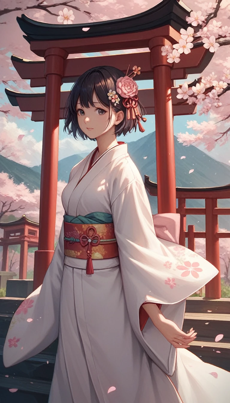 masterpiece, high quality, Very detailed, woman, short hair, hairpin, kimono, Spring flower, the wind is strong, Open the shrine, Pink petals, Fuji Mountain, Depth of written boundary, whole body