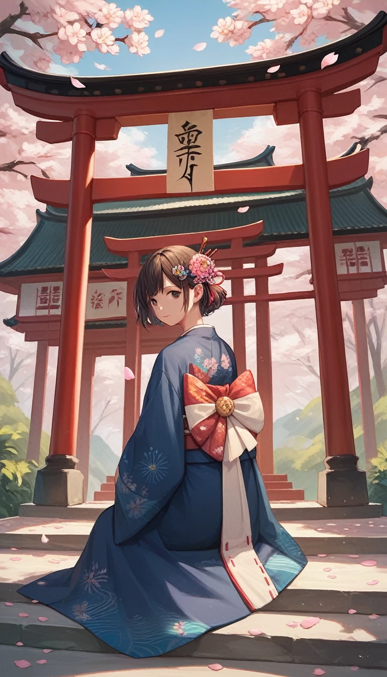 masterpiece, high quality, Very detailed, woman, short hair, hairpin, kimono, Spring flower, the wind is strong, Open the shrine, Pink petals, Fuji Mountain, Depth of written boundary, whole body
