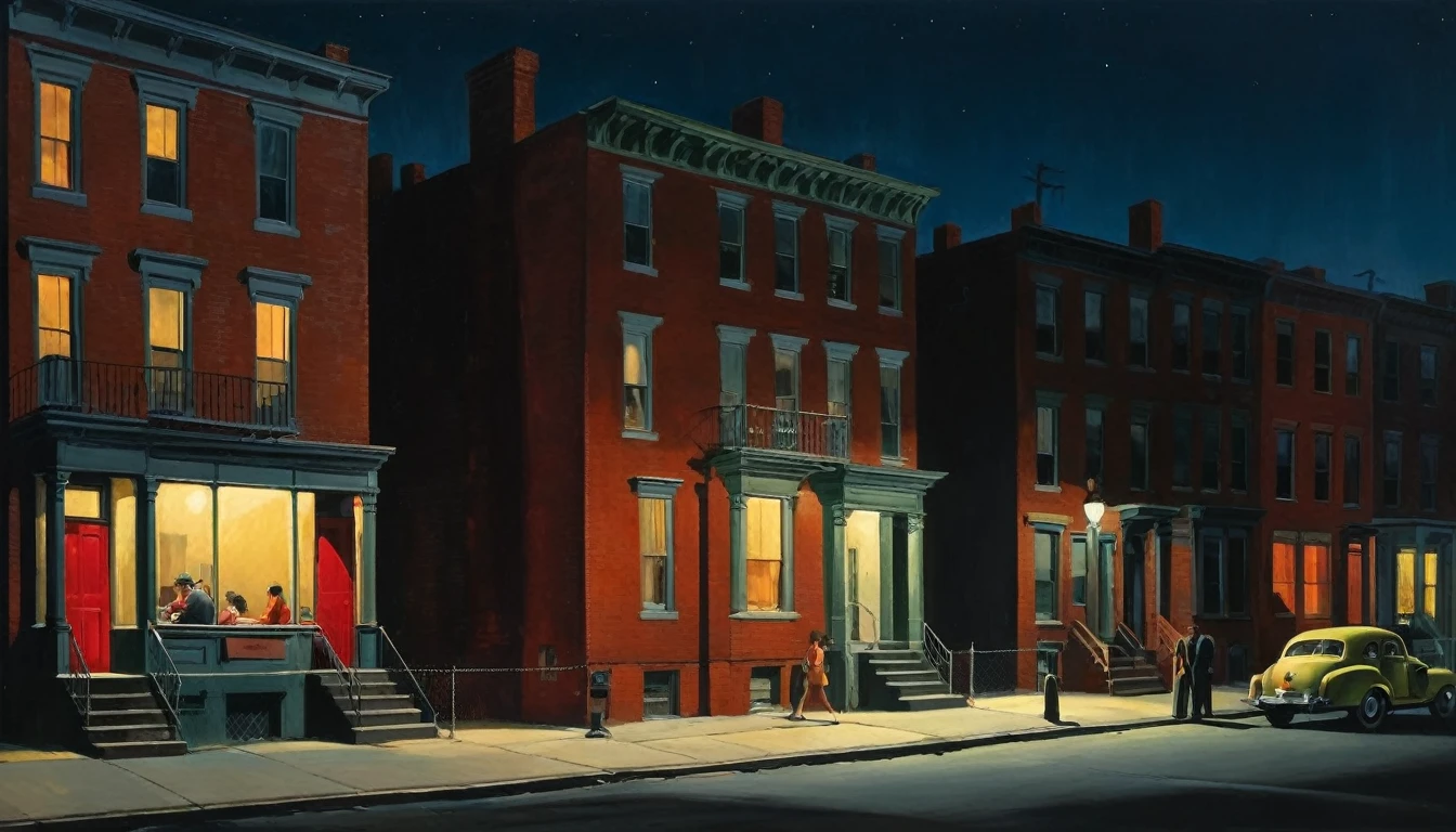 dark chiascuro urban America with red brick ghetto homes at night, 1950s with modern cars, by Edward Hopper, best quality, masterpiece, very aesthetic, perfect composition, intricate details, ultra-detailed