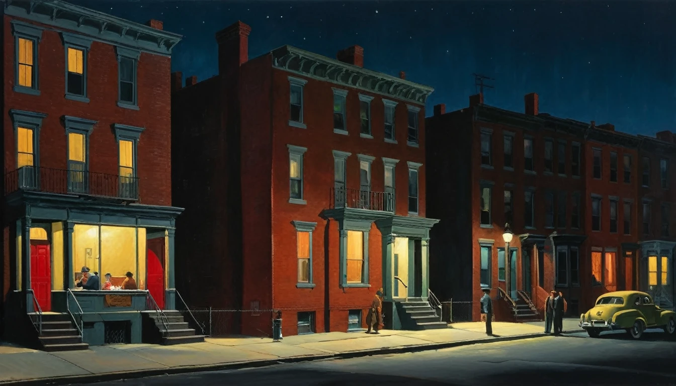 dark chiascuro urban America with red brick ghetto homes at night, 1950s with modern cars, by Edward Hopper, best quality, masterpiece, very aesthetic, perfect composition, intricate details, ultra-detailed