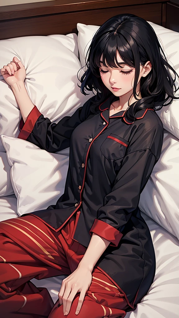 A beautiful black-haired woman wearing cute pajamas and sleeping comfortably in bed