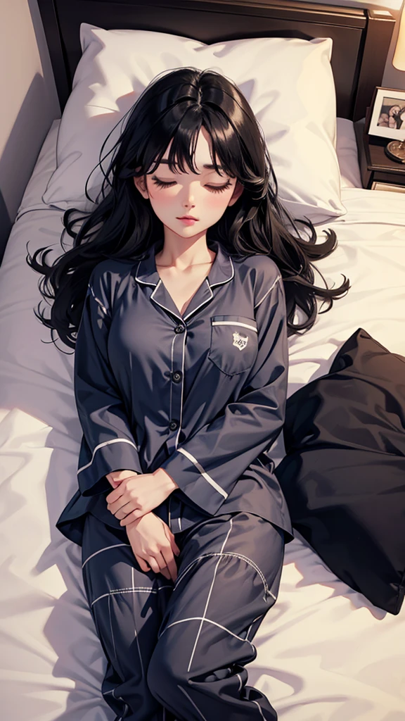 A beautiful black-haired woman wearing cute pajamas and sleeping comfortably in bed