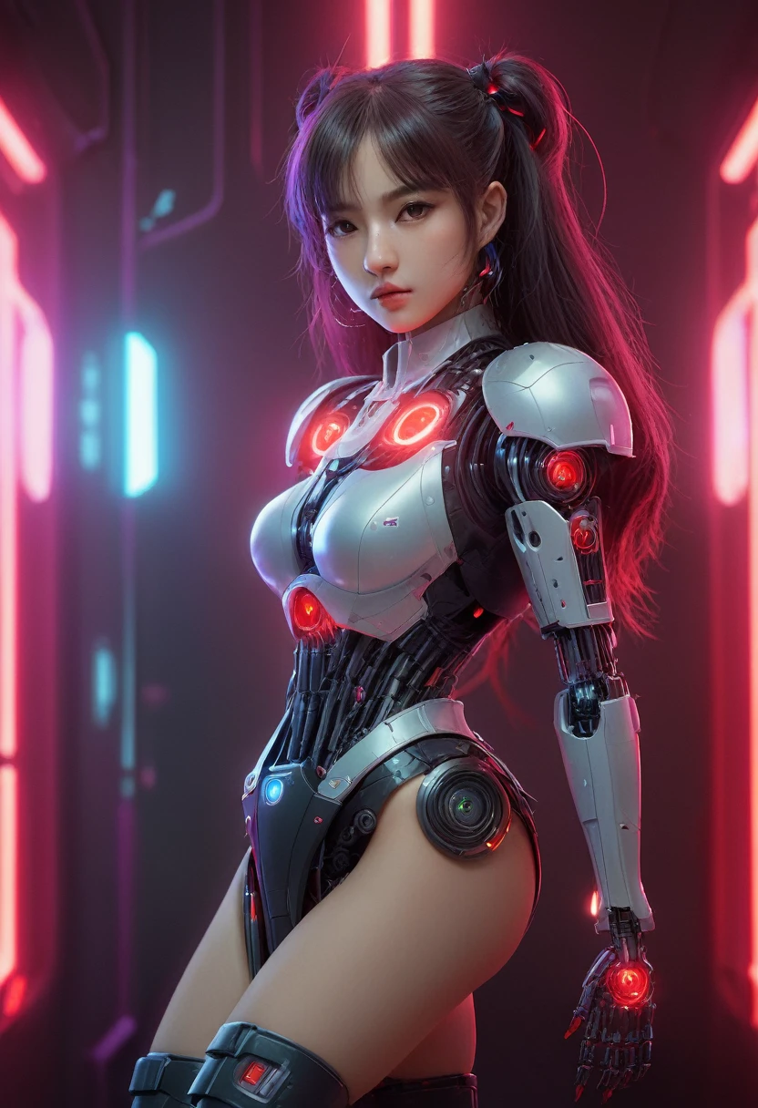xxmixgirl. Highly detailed professional 35mm film, bokeh, face in sharp focus. A robotic female, Miku, with ((metal skin)), ((perfect Asian eyes)) with magenta irises and ((black pupils)), beautiful serious (detailed face), 18 year old ((photorealistic face)), very long magenta twin tails of magenta hair, twin black hair ties with a single red stripe. She may have a black audio headpiece. We can see her ((full body)) down to her boot soles. Her outfit is a sleeveless collared light grey shirt, outlined in red around the frilled collar and hems. Shiny reflective ((metallic breast cups, dimpleless)), invisible nipples. She wears black sleeves with red hems that start around her upper arm and bellow out as the sleeves open and extend to her wrists, with wide trumpet red rimmed cuffs. She has perfect robotic (detailed hands). She wears a red colored tie with two horizontal solid parallel black lines halfway across. She wears a fabric black skirt with a horizontal red hem at the bottom all the way around; her (((black skirt wraps around her))) and ((her skirt completely covers)) her robotic waist and thighs. Tall black boots with red bottom soles, a red rim around the top at her thighs. Her mechanical shoulder joints are visible. We can see her robotic legs and robotic neck. Half of her is covered with shiny polished machinery. The background is a distant dark neon futuristic Japanese city, gold, cyan, violet neon, near harbor or mountains.