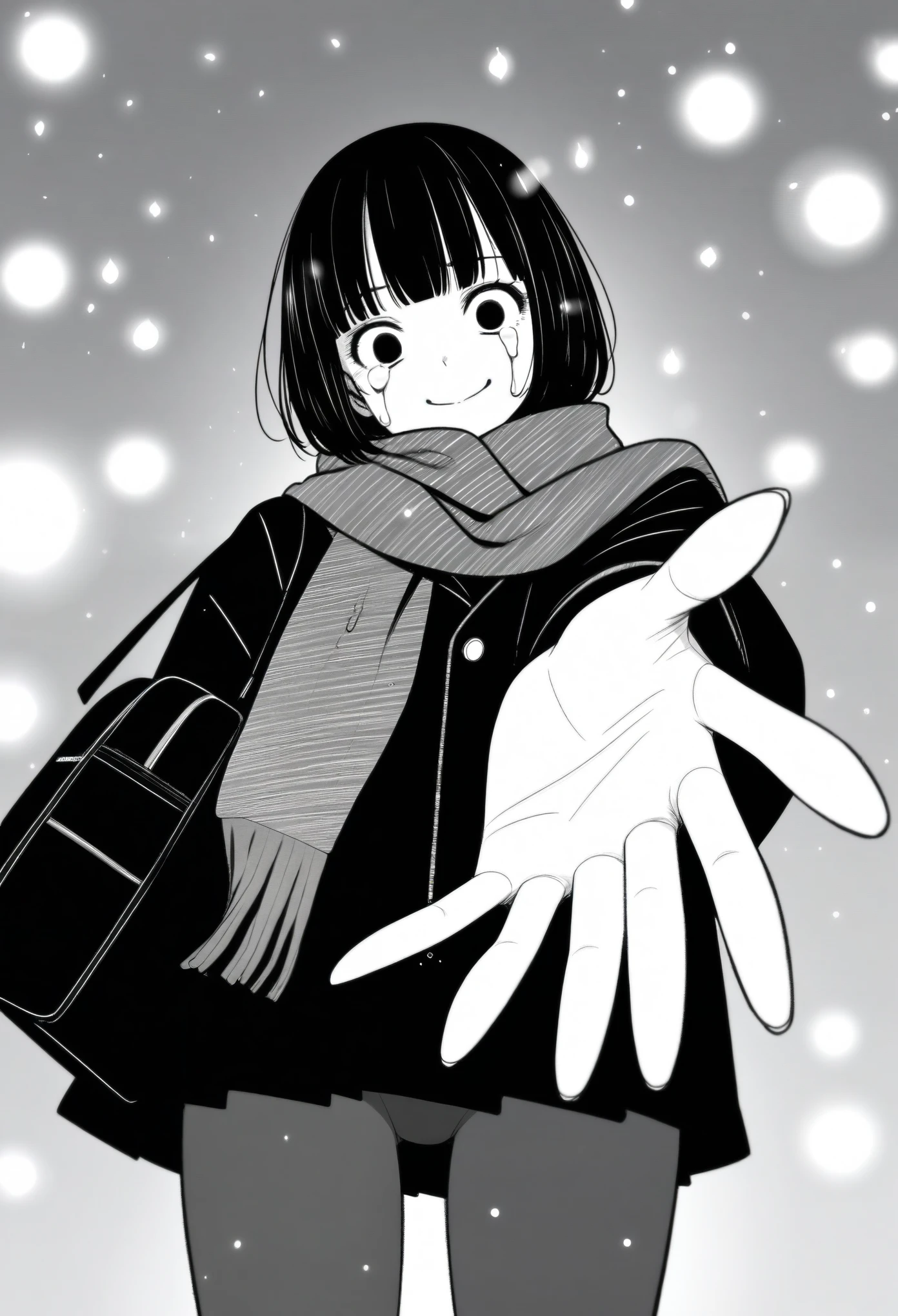 masterpiece, best quality, 1girl, mamerakkkkko, grayscale, manga style, japanese, chi no wadachi, black eyes, street, iced, black hair, schoolbag, smile, lineart, black coat, black scarf, black pleated skirt, leggins, centered, 18 years old, tall, fair skinned, bokeh background, crying, tears, tears streaming, bob cut, light particles, centered, snowing, (((reaching  one hand toward viewer, reaching out one hands towards the viewer)))
