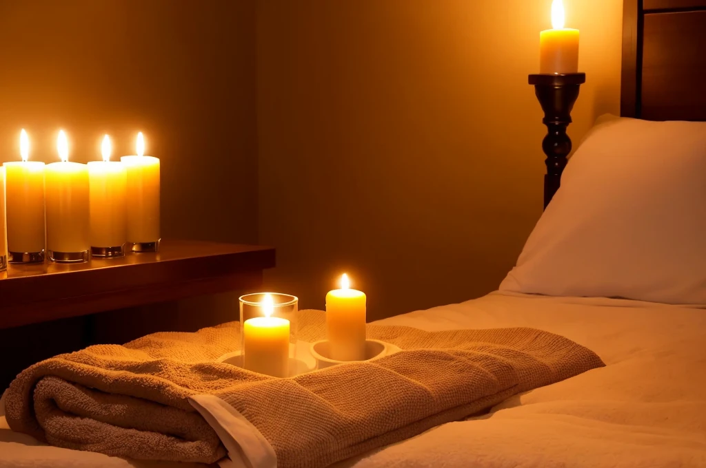 Aromas and candles are lit on the bed in a cozy luxury hotel in the dark of night. Towels and wine are neatly arranged next to them.