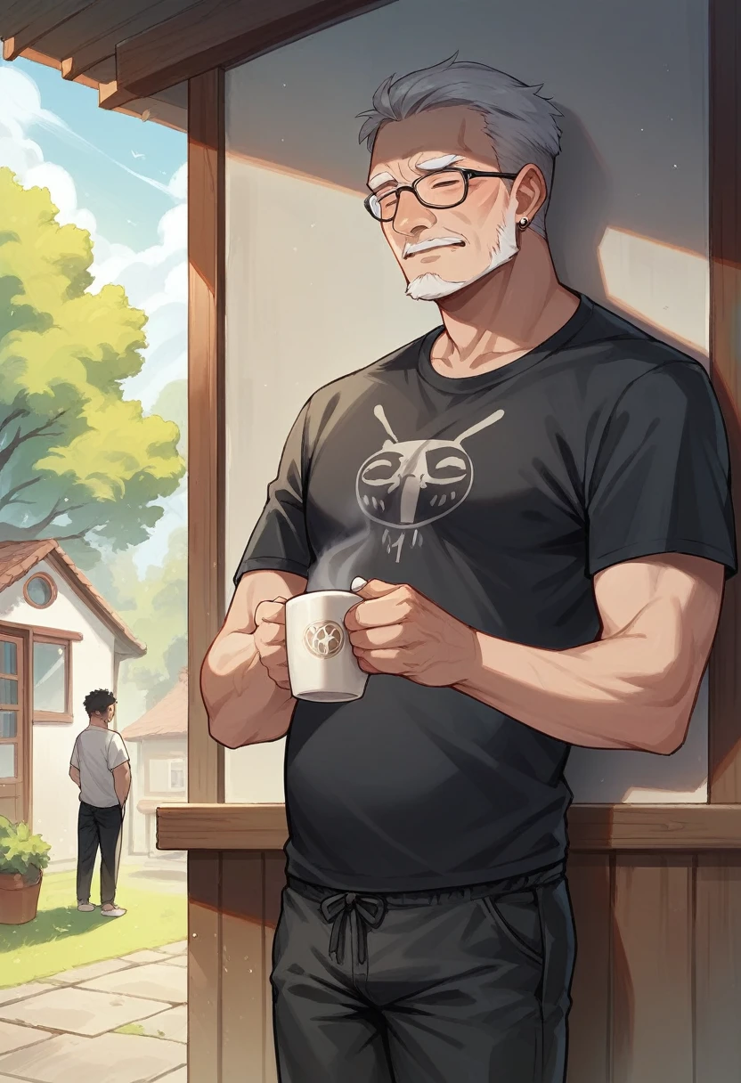 A 35 year old man,wearing a gray t-shirt and black drawstring trousers,enjoying a cup of coffee, enjoying the view from the terrace of the house.