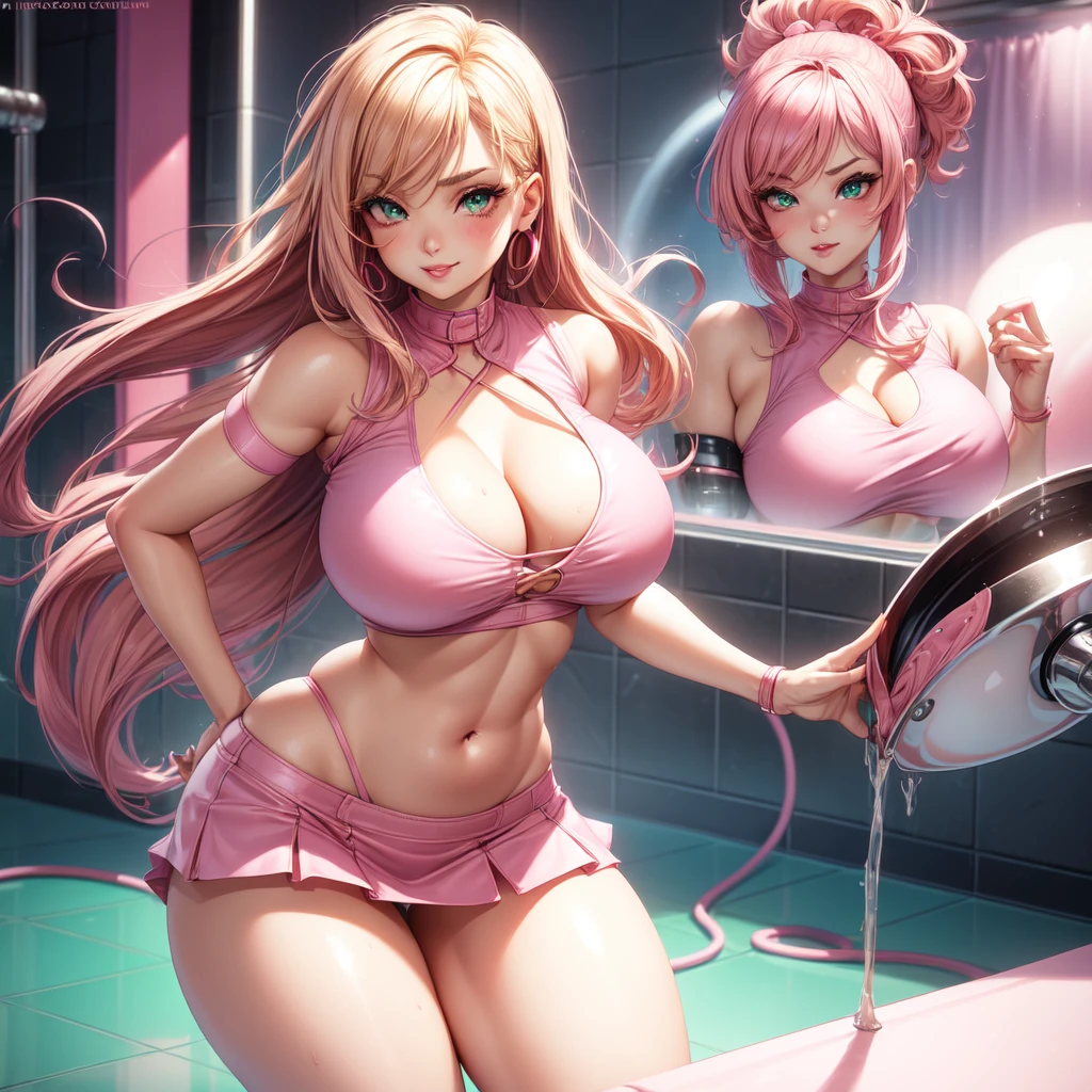 ((1 girls), solo, Big round breasts, trendy, stylish, clevage, thighs, hips, realistic, pink hair, blonde hair, light green eyes, lip gloss, detailed face, amazing big eyes, eye details, big lips, eyebrow details, pink mini skirt, crop top blush, confident, dominant, bdsm, smirk, naughty, mischevious face, HD, good quality, curvy, standing up, thick thighs, attractive, amazing body, perfect body, slim thick, indoors, pink and white outfit, bathroom sink