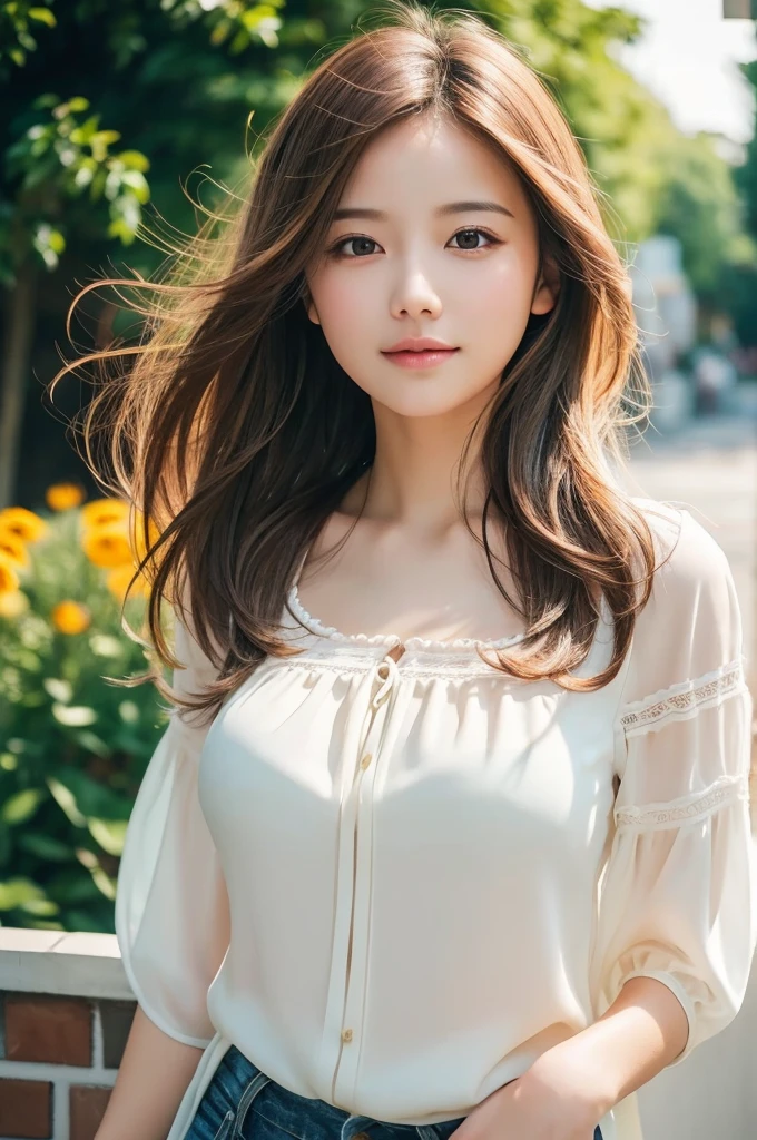 Highest quality, One girl, (Skin Hollow), (Large Breasts), (Day), bright, Background Blur, Outdoor, (street:0.6), (hair:1.5), (blouse:1.5), nice, (hair Float:1.5), Soft Light, Wind, garden, street