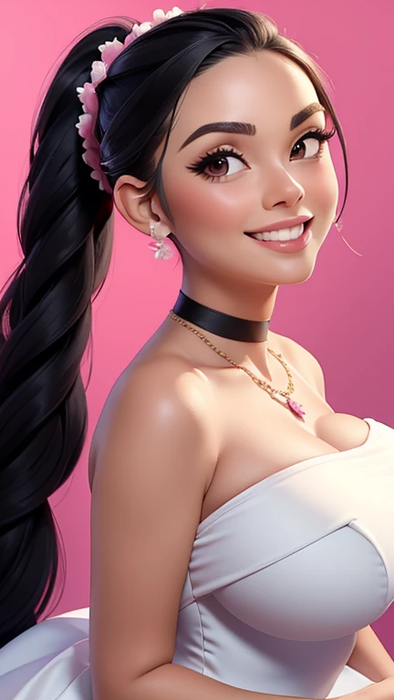 (((masterpiece face))), (((perfect face))), (beautiful face))), black hair, very long ponytail, French braid through ponytail, big tits, massive tits, huge , smile, debutante dress, debutante gown, bimbo, Close up, necklace, hot pink dress, choker, flowers, flower on dress,