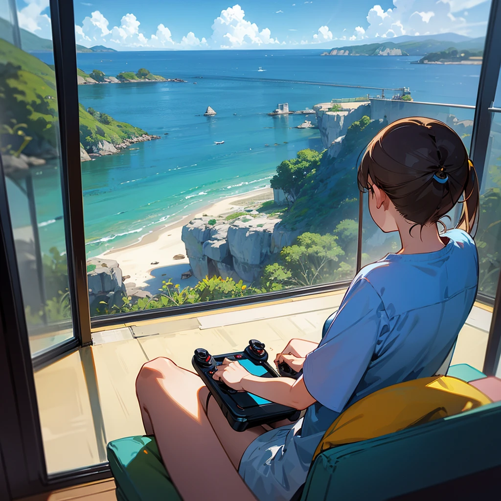 A toad playing video games with a view of the sea