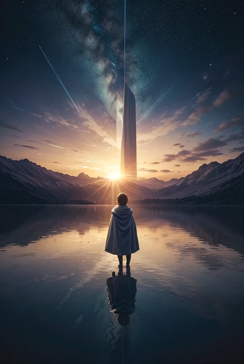 Please create an image of a , reflecting on what he sees, at the same time thinking about the things of the heavens, surrounded by the things of this world, so that we realize that we have to be like children to enter the kingdom of God.