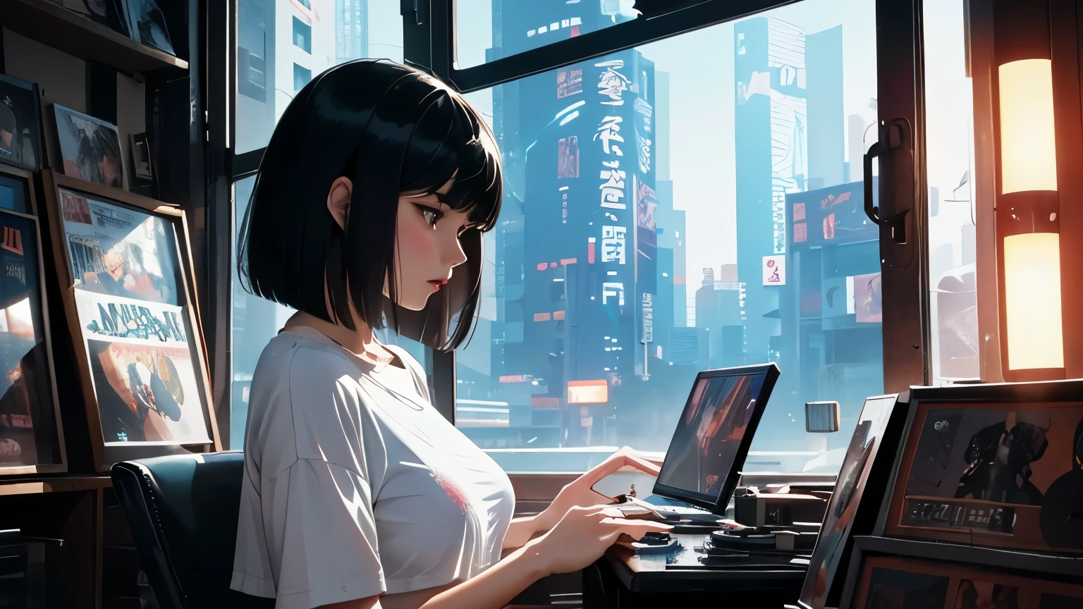 一個Very detailed的美丽女人, Perfect face,Black Hair, bob cut,Bangs, Gray eyes, Top of crop, Short sleeve, crop top, Huge breasts, Super detailed, Retro Wave, Cyberpunk, Sad atmosphere, night light through the window, night vibes, Room, 2d, (long shot), Wide-angle lens, (noise movie), Old comics, (A lot of records:1.3), vinyl plastic record shop, (masterpiece, best quality, best quality, Official Art, beautiful and aesthetic: 1.2), (Very detailed, (Fractal Art: 1.4), Guitar, (notes: 1.4), ( Lo-fi hip-hop), side view, Old anime texture, Solitary, loudspeaker, Cyberpunk, vinyl plastic, night, Surrealism, number,
