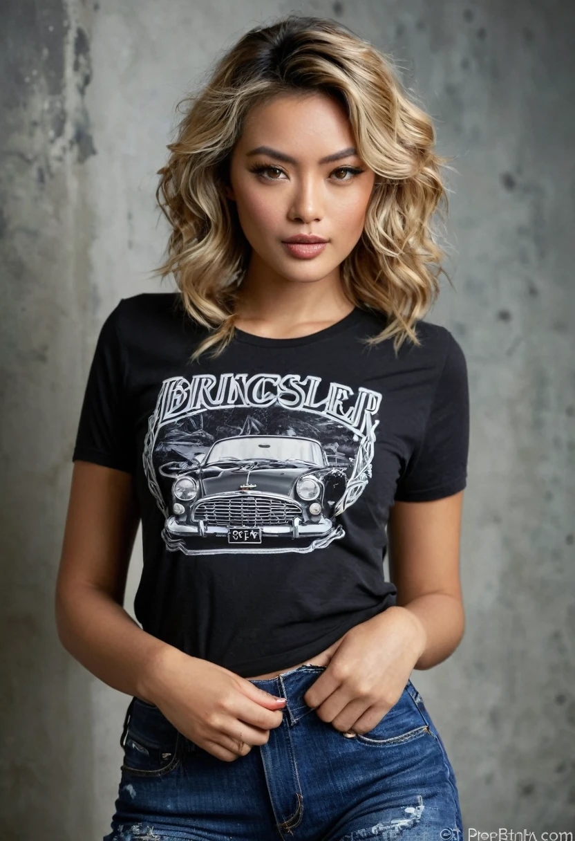 In style of Victoria secret.A 30-year-old gorgeous gracefully beautiful stunning pretty dark blonde wavy hair mix (balinese/british) gorgeous woman wearing t-shirt and jeans shorts, amorous flirtatious naughty pose,female hourglass body,Art photography by Ana Dias,Eva Disenko,Peter Lindbergh,Ellen von Unwerth,Herb Ritts , Hajime Sorayama.