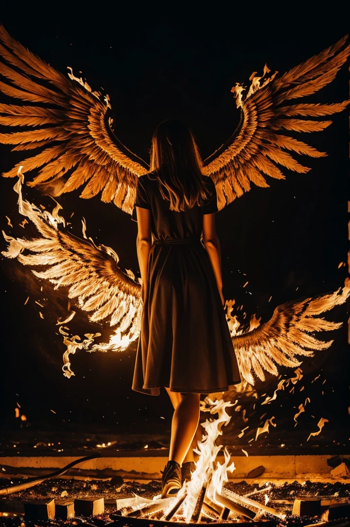 A woman in the middle of a fire with wings