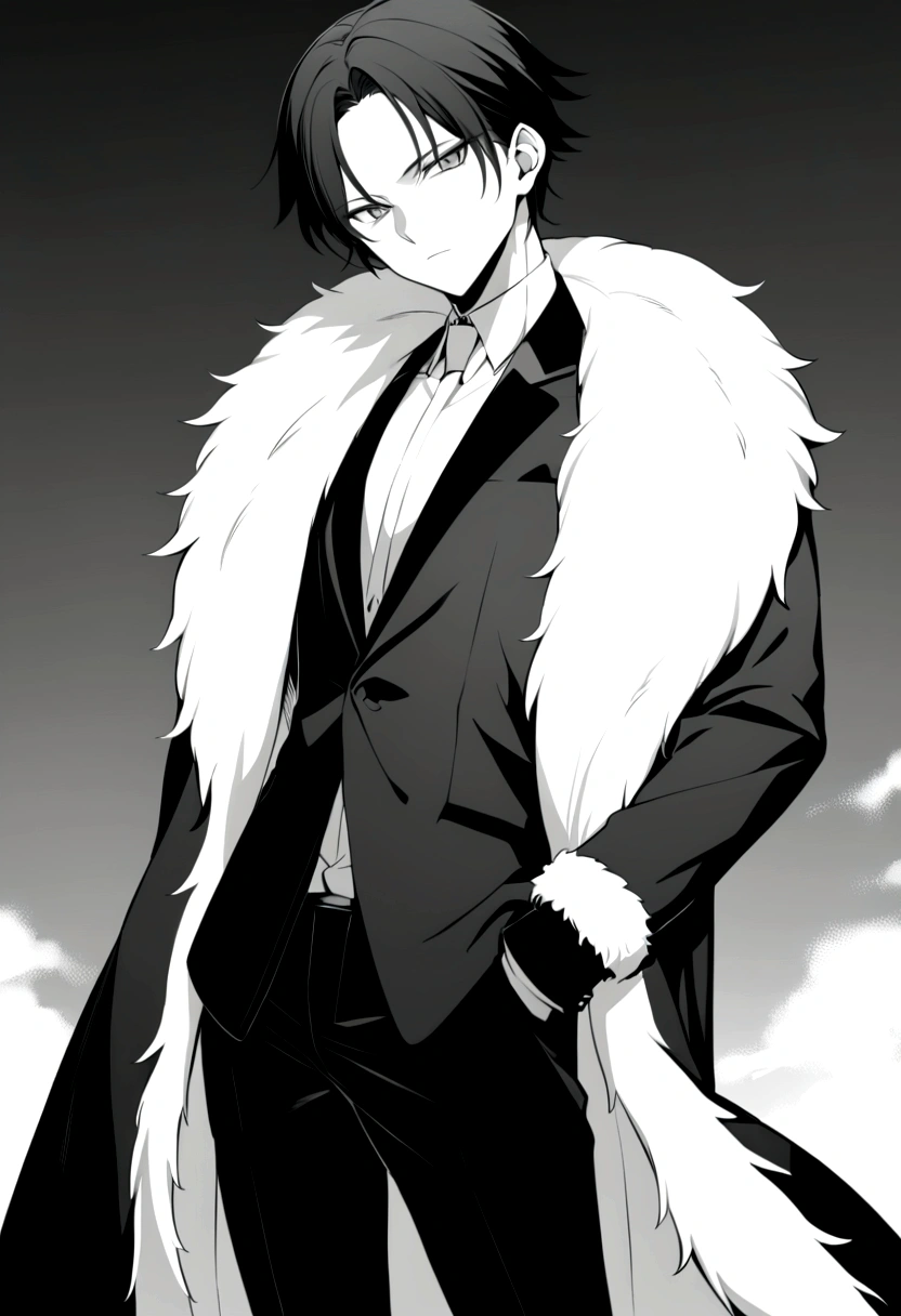 yuto-sano, 1boy, Kaneki, black hair, black suit, black long sleeves, fur coat, elegant, monochrome, solo, greyscale, male focus, looking at viewer