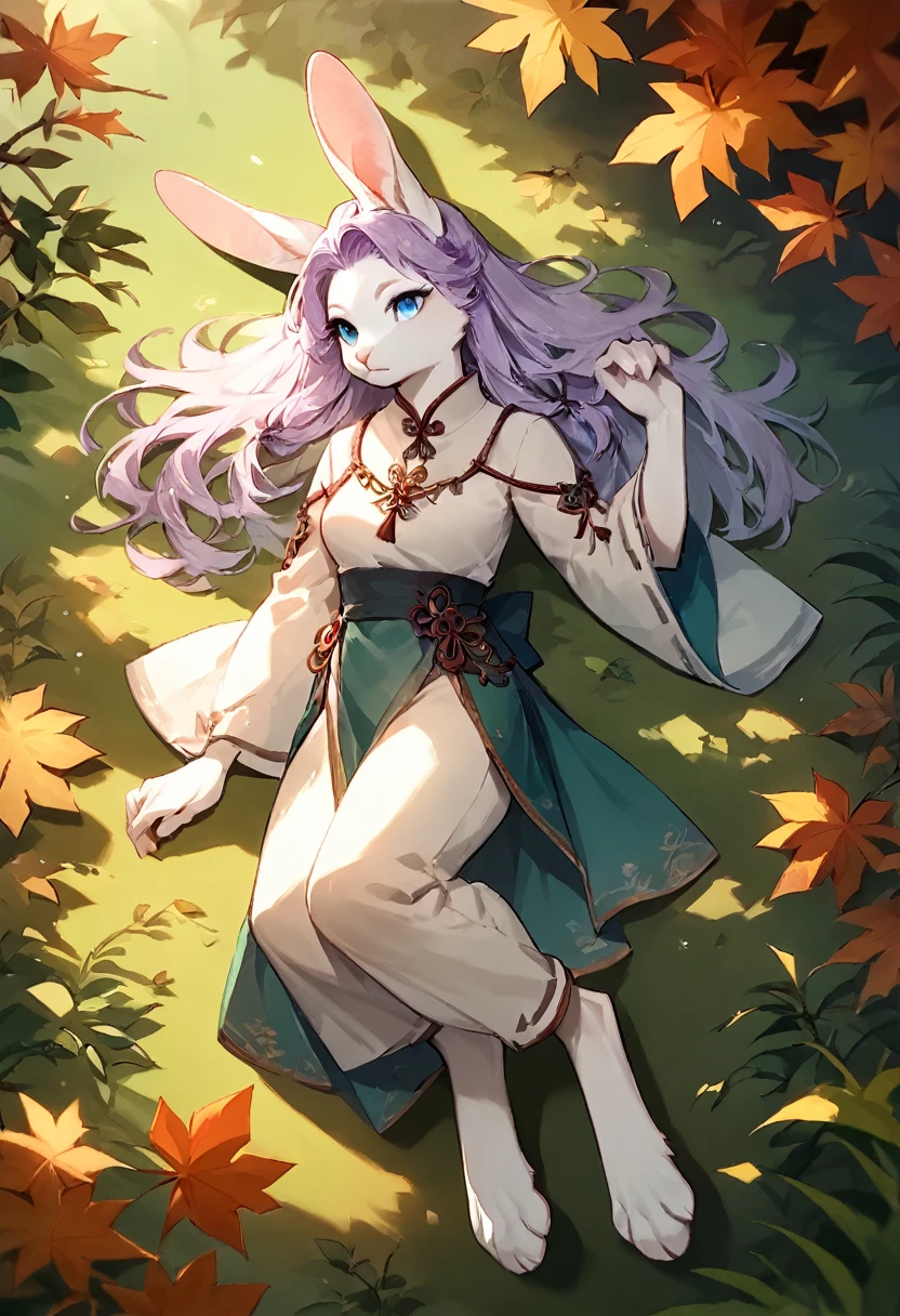 score_9, score_8_up, score_7_up, score_6_up, score_5_up, score_4_up, (solo), female white rabbit, furry, solo, autumn forest, laying, light purple hair, blue eyes, long length wavy hairstyle, scholar clothes, digitigrade