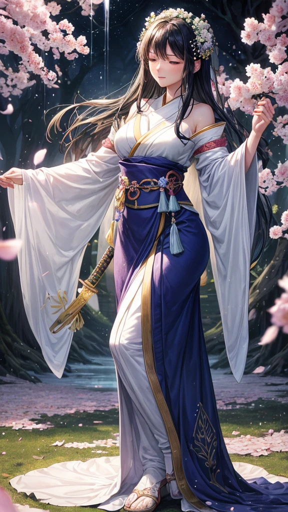 In the heart of an ancient garden, where time unfolds in sakura petals, she rises. The black haired woman, dressed in silk and shadows, is a figure of mystery and power. Your green eyes reflect the soft light of twilight, like bamboo leaves swaying in the wind.

She holds the katana with grace, the blade polished like a mirror to the spiritual world. The sword is an extension of your soul, a heritage from the ancestors who danced under the same trees. The ivory handle is carved with ancient symbols, secrets that only she knows.

Cherry blossoms fall around you, a veil of pink and white. Each petal is a sigh of nature, a promise of renewal. She walks on the soft carpet, the silent steps like the secrets you keep. The trees whisper ancient stories, and she listens to them with trained ears.

Your kimono is a rainbow of subtle colors: - Deep Indigo, Pale pink, Moss green. Intricate patterns tell the story of your lineage, the triumphs and tragedies that shaped his journey. She is a guardian, a protector of the mysteries that permeate the world.

The wind plays with your hair, unwinding the black threads like silk ribbons. She closes her eyes and feels the energy of the earth flowing through her.. The ancient gods watch her, satisfied with your devotion. She is the bridge between the visible and the invisible, the guardian of harmony.

Around you, the flowers fall like rain, an ephemeral spectacle that transcends time. She dances with the petals, spinning and twirling, the fluid movements like water in a stream. Every step is a prayer, every gesture a reverence to life and death.

She is the incarnation of spring, the promise of rebirth after winter. Your eyes shine with the wisdom of the centuries, and she knows that her mission is eternal. She protects the secrets of the forest, the spirits that dance in the shadows, the dreams that unfold under the moon.

When night falls, she becomes one with the stars. Your spirit rises, leave