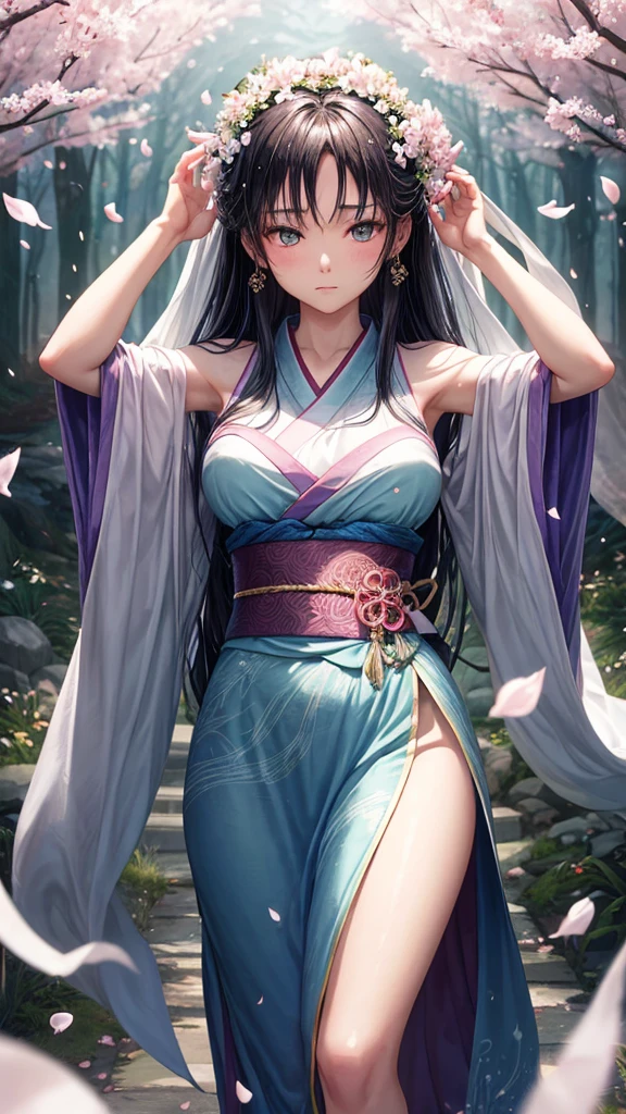 In the heart of an ancient garden, where time unfolds in sakura petals, she rises. The black haired woman, dressed in silk and shadows, is a figure of mystery and power. Your green eyes reflect the soft light of twilight, like bamboo leaves swaying in the wind.
She holds the katana with grace, the blade polished like a mirror to the spiritual world. The sword is an extension of your soul, a heritage from the ancestors who danced under the same trees. The ivory handle is carved with ancient symbols, secrets that only she knows.
Cherry blossoms fall around you, a veil of pink and white. Each petal is a sigh of nature, a promise of renewal. She walks on the soft carpet, the silent steps like the secrets you keep. The trees whisper ancient stories, and she listens to them with trained ears.
Your kimono is a rainbow of subtle colors: - Deep Indigo, Pale pink, Moss green. Intricate patterns tell the story of your lineage, the triumphs and tragedies that shaped his journey. She is a guardian, a protector of the mysteries that permeate the world.
The wind plays with your hair, unwinding the black threads like silk ribbons. She closes her eyes and feels the energy of the earth flowing through her.. The ancient gods watch her, satisfied with your devotion. She is the bridge between the visible and the invisible, the guardian of harmony.
Around you, the flowers fall like rain, an ephemeral spectacle that transcends time. She dances with the petals, spinning and twirling, the fluid movements like water in a stream. Every step is a prayer, every gesture a reverence to life and death.
She is the incarnation of spring, the promise of rebirth after winter. Your eyes shine with the wisdom of the centuries, and she knows that her mission is eternal. She protects the secrets of the forest, the spirits that dance in the shadows, the dreams that unfold under the moon.
When night falls, she becomes one with the stars. Your spirit rises, leave
