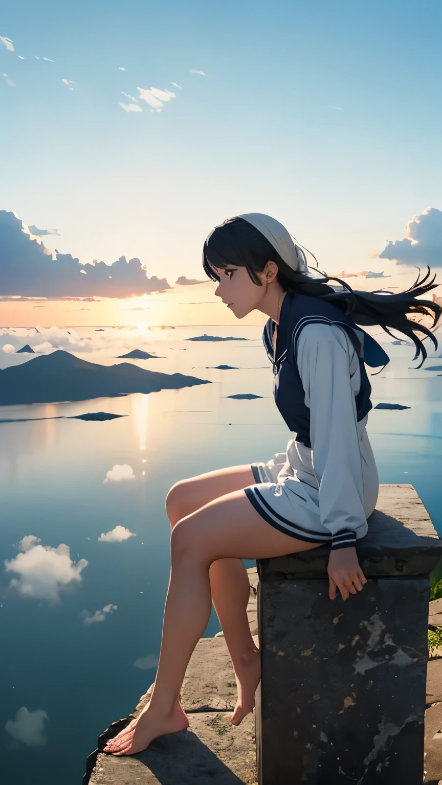 One Girl、Highest quality、masterpiece、Perfect Anatomy、Girl sitting on a pillar、A thin pillar stretching high into the sky、Mysterious cylindrical pillar、Height 3000m、sea of clouds、blue sky、Sitting cross-legged、Hair blowing in the wind、Gray Hair、Girl staring into the distance、White clothes、barefoot、Shooting from above、Clouds spreading below、Full body angle、sea of clouds