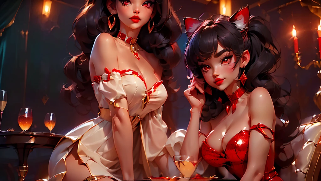 ((point of view)), ((junkotvv)) ((cat ears)), ((in love, she is in love, she loves the viewer))((romantic dinner date, champagne, Canddles)) ((tall and sexy russian supermodel)) ((beautiful face)) ((wide and happy smile)) ((bright red lipstick)) ((very dark eyeshadow makeup)) ((Big bright red eyes)) ((very long and messy black hair, fringe)) (()) ((very big chest:1.5)) ((perfect slim body torso1.3)) ((she is wearing a red strapless sequin dress)) ((red choker, earrings, red stockings)) (())((Inside the dark room sit on a chair having a romantic dinner, many Canddles around))(high resolution, DYNAMIC SHADOWS)((photorealistic:1.5)) ((Masterpiece:1.3)) (8k) (Perfect face) ((Best Quality:1.4)) (Perfect hands and eyes)
