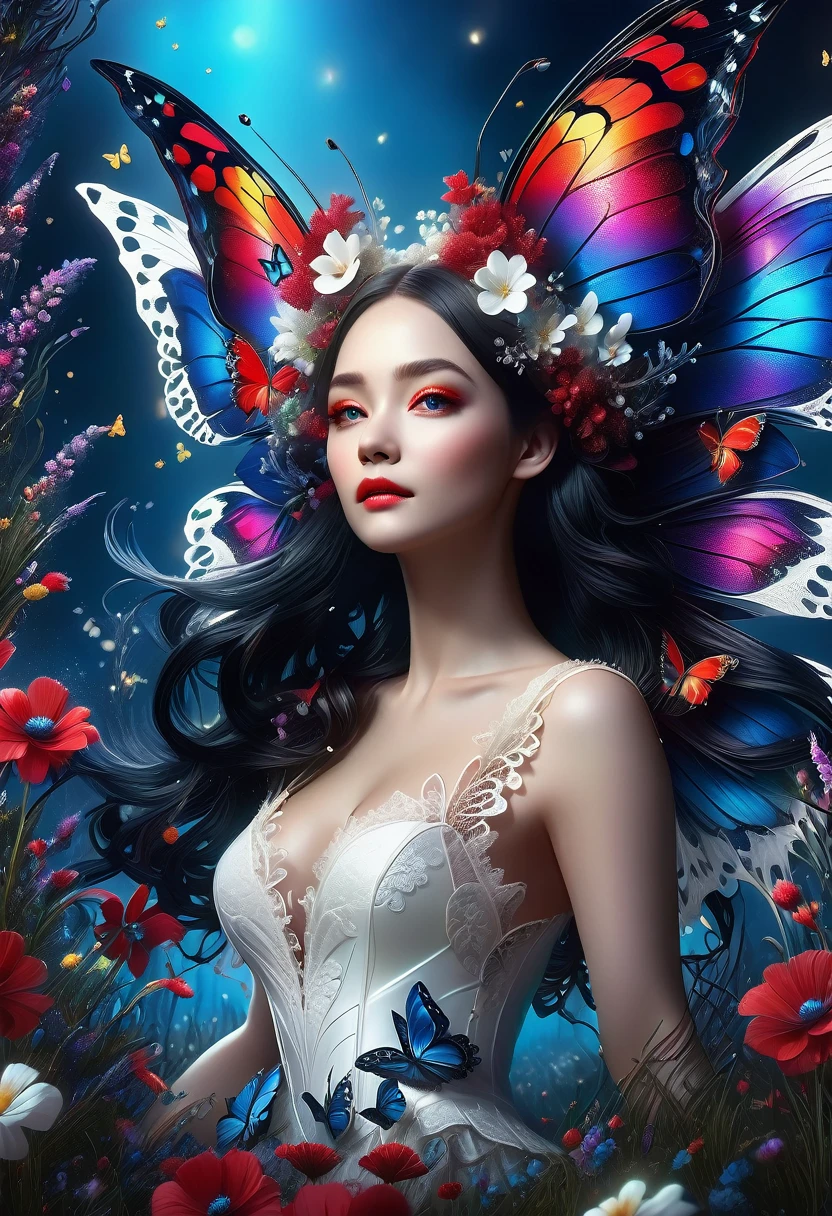 high details, best quality, 16k, RAW, [best detailed], masterpiece, best quality, (extremely detailed), full body, ultra wide shot, photorealistic, dark fantasy art, goth art, RPG art, D&D art, a picture of a dark female fairy resting in a flower meadow, extremely beautiful fairy, ultra feminine (intense details, Masterpiece, best quality), best detailed face (intense details, Masterpiece, best quality), having wide butterfly wings, spread butterfly wings (intense details, Masterpiece, best quality), dark colors wings (intense details, Masterpiece, best quality), black hair, long hair, shinning hair, flowing hair, shy smile, innocent smile, blue eyes, dark red lips, wearing ((white: 1.5)) lace dress (intense details, Masterpiece, best quality), ((white lace: 1.5)) corset (intense details, Masterpiece, best quality), dynamic elegant shirt, chocker, wearing high heels, in dark colored flower meadow (intense details, Masterpiece, best quality), (red flowers: 1.2) , (black flowers: 1.2), (white flowers: 1.2), (blue flowers: 1.3) [extreme many flowers] (intense details, Masterpiece, best quality), dark colorful flowers (intense details, Masterpiece, best quality), flower meadow in a dark goth field background, dim light, cinematic light, High Detail, Ultra High Quality, High Resolution, 16K Resolution, Ultra HD Pictures, 3D rendering Ultra Realistic, Clear Details, Realistic Detail, Ultra High Definition, lace drawing, betmd, DonMF41ryW1ng5XL
