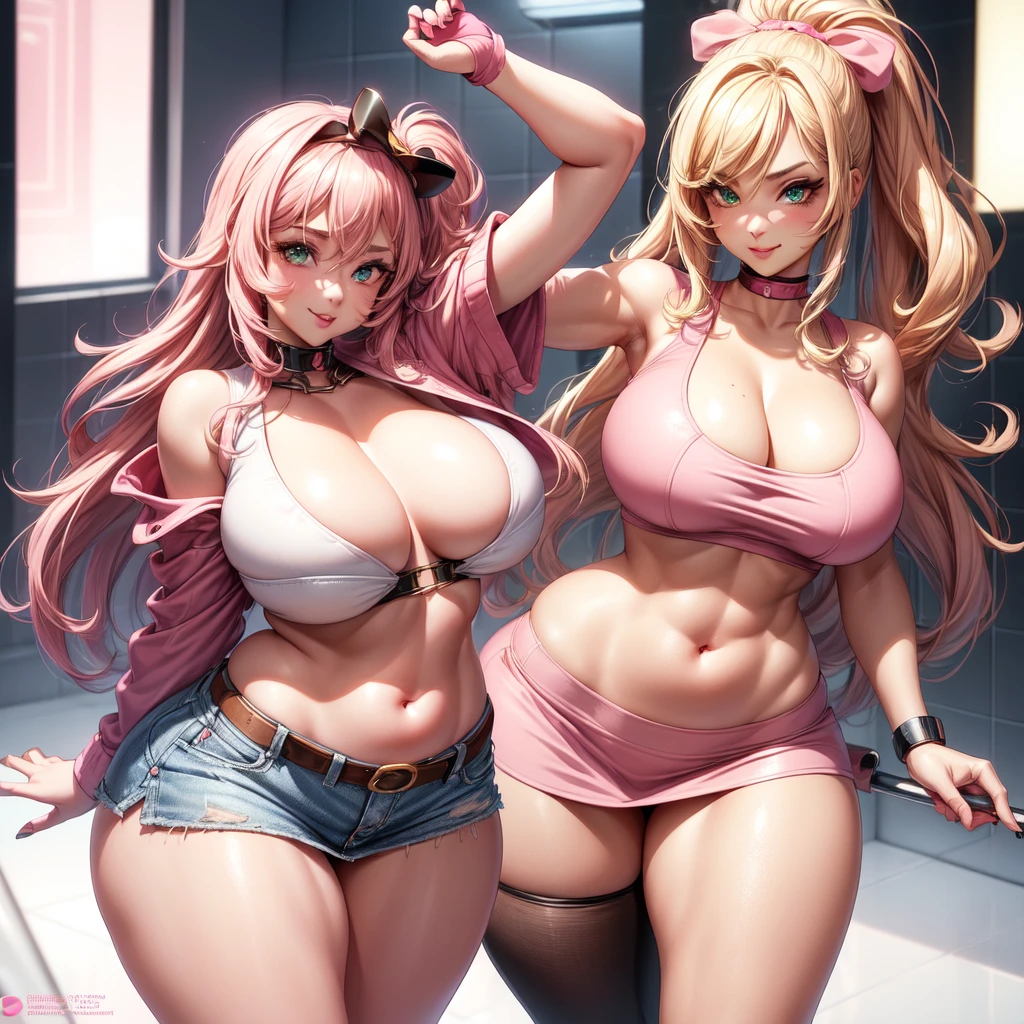 ((1 girls), solo, Big round breasts, trendy, stylish, clevage, thighs, hips, realistic, pink hair, blonde hair, light green eyes, lip gloss, detailed face, amazing big eyes, eye details, big lips, eyebrow details, pink mini skirt, crop top blush, confident, dominant, bdsm, smirk, naughty, mischevious face, HD, good quality, curvy, standing up, thick thighs, attractive, amazing body, perfect body, slim thick, indoors, pink and white outfit, bathroom sink