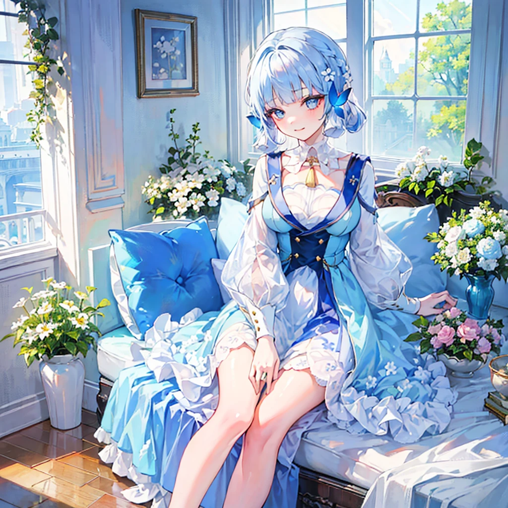 painting style,(masterpiece, ultra best quality, ultra high detailed, best shadow,8k),(ultra best illumination, an extremely delicate and beautiful), high contrast,  vivid,kamisato ayaka (springbloom missive), kamisato ayaka, official alternate hairstyle, official alternate costume, blunt bangs, butterfly hair ornament, hair flower, blue dress, grey eyes, light blue hair, mole under eye,large breasts, perfact body,sexy,
, (1 girl:1.5),(smile:1.1), (full body),looking at viewer, (hands between legs:1.2),solo,(1 girl in the photo:1.5),(alone:1.5),(short blue hair:1.1), beautiful blue eyes, (european style long dress:1.1), long sleeves,white legwear,white high heels, potted planet,flowers, window,sunshine,dynamic angle,