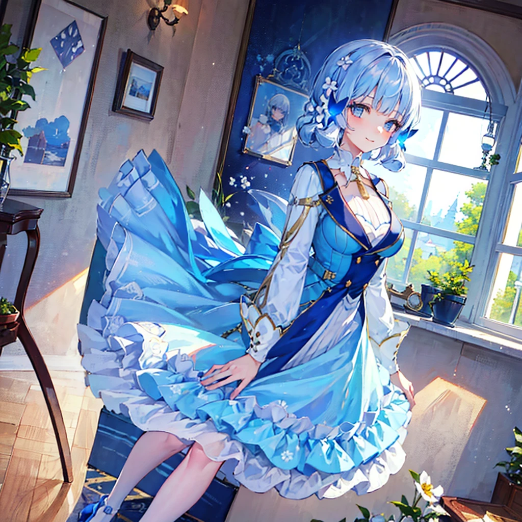 painting style,(masterpiece, ultra best quality, ultra high detailed, best shadow,8k),(ultra best illumination, an extremely delicate and beautiful), high contrast,  vivid,kamisato ayaka (springbloom missive), kamisato ayaka, official alternate hairstyle, official alternate costume, blunt bangs, butterfly hair ornament, hair flower, blue dress, grey eyes, light blue hair, mole under eye,large breasts, perfact body,sexy,
, (1 girl:1.5),(smile:1.1), (full body),looking at viewer, (hands between legs:1.2),solo,(1 girl in the photo:1.5),(alone:1.5),(short blue hair:1.1), beautiful blue eyes, (european style long dress:1.1), long sleeves,white legwear,white high heels, potted planet,flowers, window,sunshine,dynamic angle,