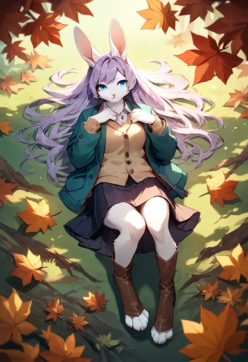 score_9, score_8_up, score_7_up, score_6_up, score_5_up, score_4_up, (solo), female white rabbit, furry, solo, autumn forest, laying, light purple hair, blue eyes, long length wavy hairstyle, skirt, scholar jacket, boots, digitigrade