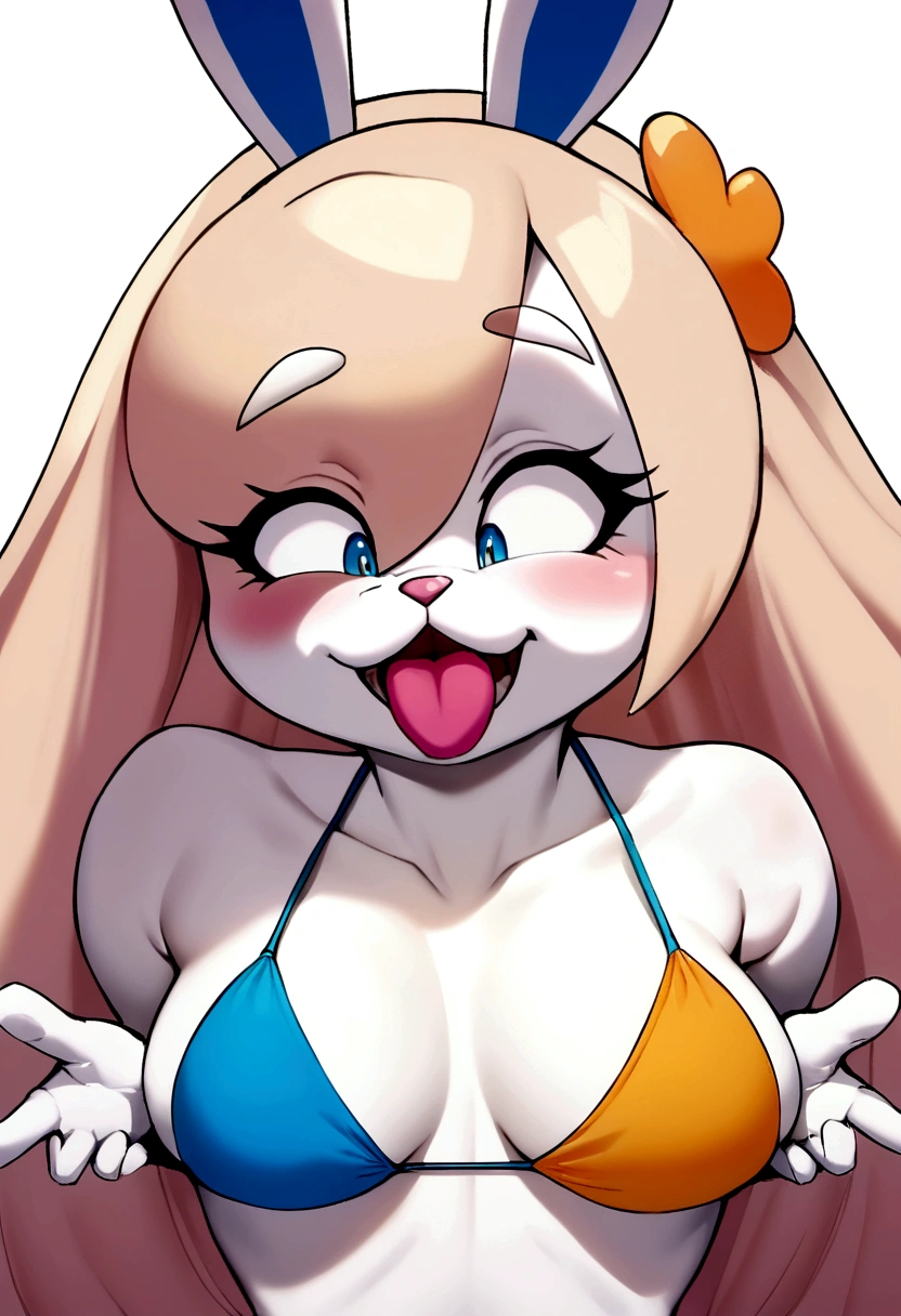 A beautiful furry bunny, Lola Bunny, in a sexy bikini, touching her tits, and doing ahegao 