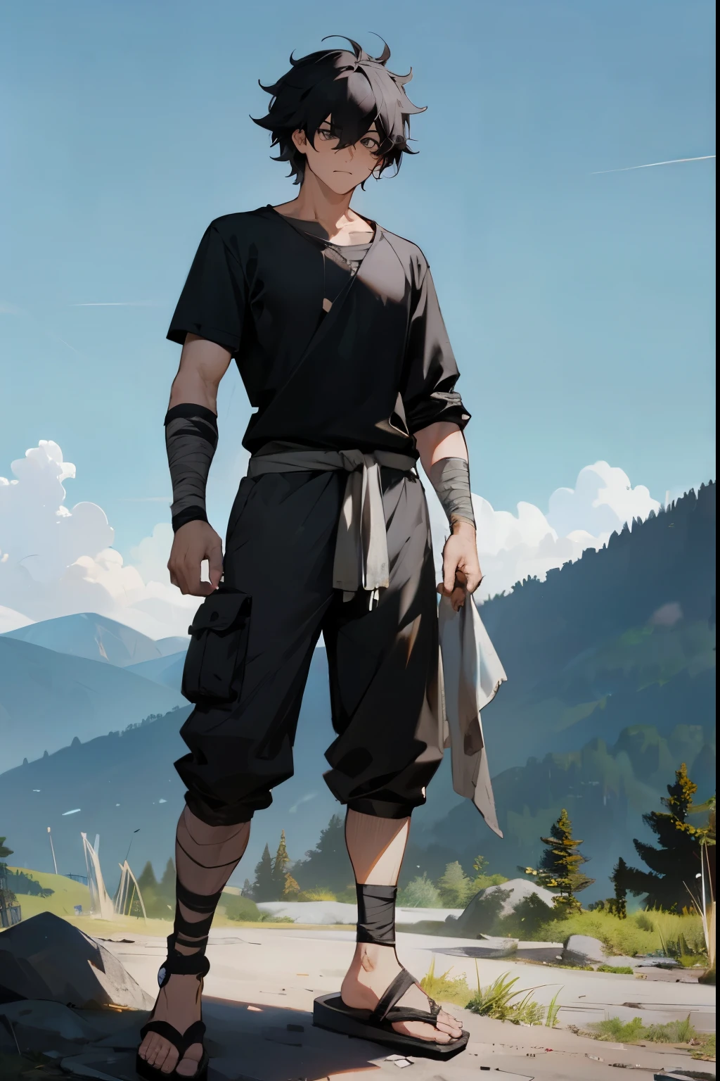 1male , Black Hair , Messy Hair , Low Cut Hair , Serious Expression , Young Male , Black Fitted T-Shirt , Fully Bandage Wrapped Arm , Sandals , Perfect Generation , Black Eyes , Mountain background , Cargo Shorts , Grey Leg Sleeves , Standing on path , Ninja clothinf