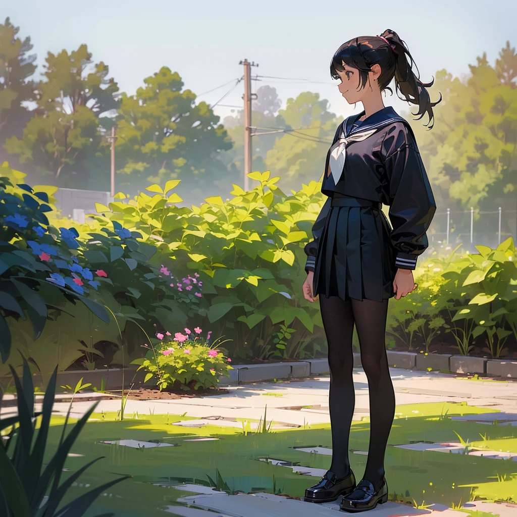 (Highest quality,High resolution,Very detailed,Realistic:1.37),Peaceful atmosphere,(Outdoor,garden),age girl standing alone,Beautifully detailed features,Cute Smile,(Black hair ponytail),navy sailor suit,Pleated skirt,black tights,Brown leather shoes.